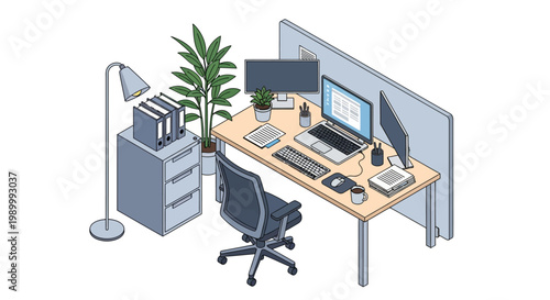 Isometric vector illustration of an organized office workstation, featuring a desk with a laptop and monitor, complemented by a filing cabinet and lamp, conveying a clean and efficient