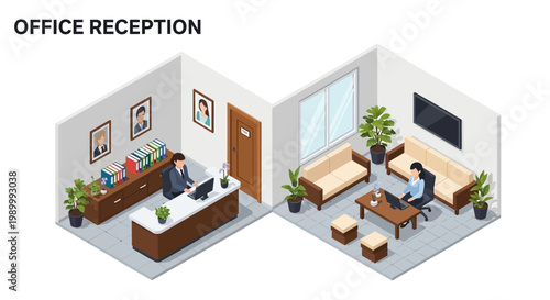 Isometric vector illustration of a modern office reception area, featuring a receptionist working at a desk and a waiting area with seated client, rendered in a bright, clean style