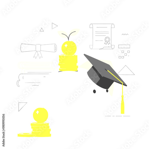 Modern flat design illustration of education, academic achievement, graduation cap, diplomas, and financial investment