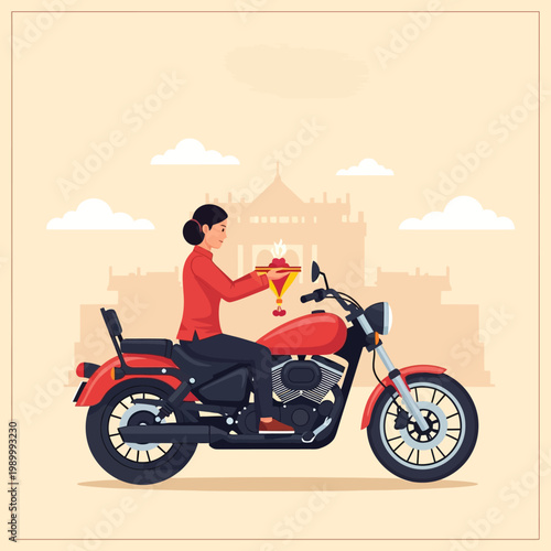 Vector illustration of a woman in a red shirt performing a traditional blessing ceremony on a red cruiser motorcycle with a ceremonial offering tray in front of a temple silhouette.