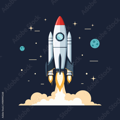 Flat vector illustration of a space rocket ship launching into outer space with fire exhaust, smoke clouds, planets, and stars on a dark blue background, isolated graphic.
