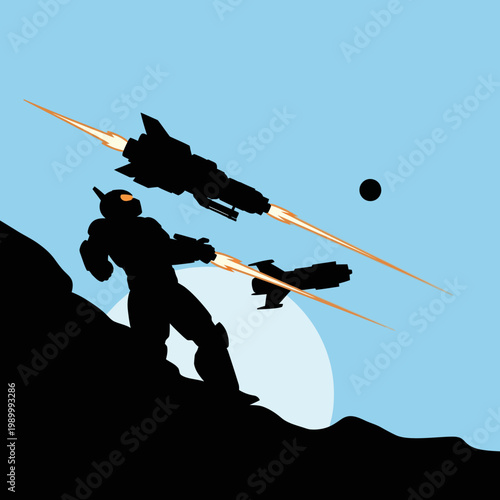 Silhouette of a futuristic armored soldier on a rocky hill firing at spacecraft in a light blue sky with a moon and black planet in the background of a sci-fi space battle scene.