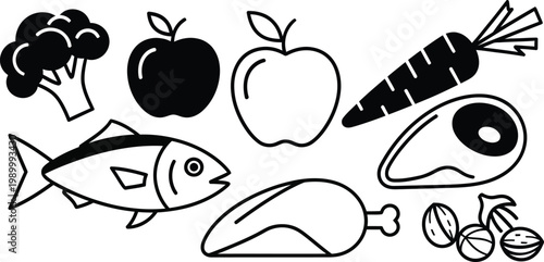 Black and white food including fish meat fruits and vegetables