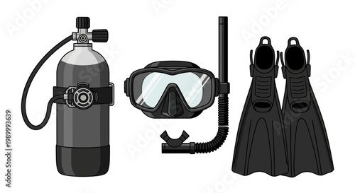Scuba diving equipment oxygen tank mask snorkel and flippers illustration