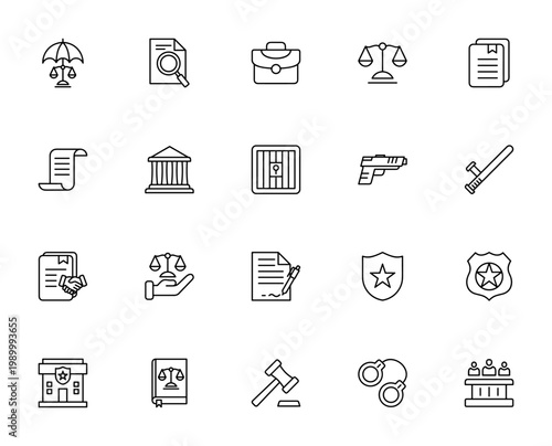 Law icon set. Vector legal symbols collection. Includes police badge, handcuffs, gavel, courthouse, contract, justice scale and more. Editable thin line icons.