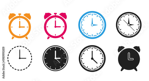 Set of colorful clock icons and alarm clocks arranged in a row for design projects.