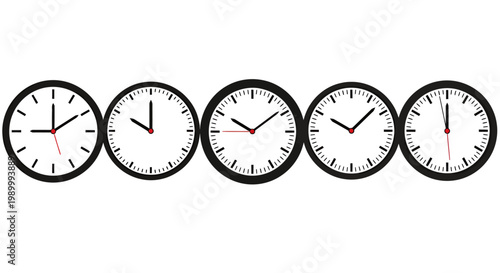Five Analog Clocks in a Row Displaying Different Times with Circular Dials and Hands.