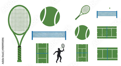 Tennis equipment set rackets balls net courts silhouette design elements