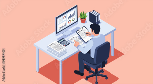 Isometric Illustration of Person Working at Desk.