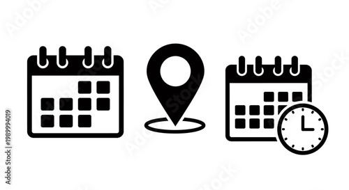 Scheduling and planning icons showing calendar, location pin, and clock.