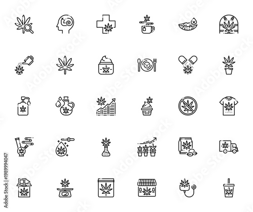 Marijuana icon set. Vector cannabis symbols for research, medical, law, growing, delivery and more. Editable thin line icons.