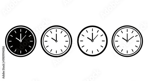 Series of Four Analog Clocks Displaying Different Times in Black and White Style.