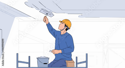 Asian construction worker with trowel plastering ceiling on scaffolding. Vector illustration of home renovation