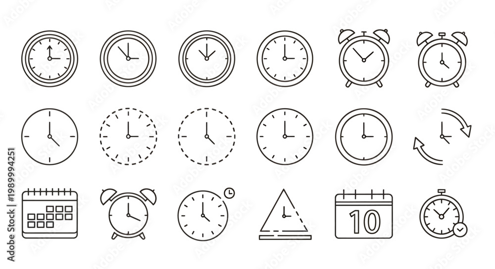 Fototapeta premium Collection of Various Analog, Digital, and Alarm Clocks in a Grid Layout.