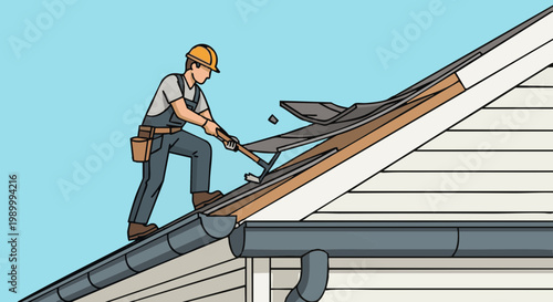 Roofer removing old shingles with pry bar on residential house roof