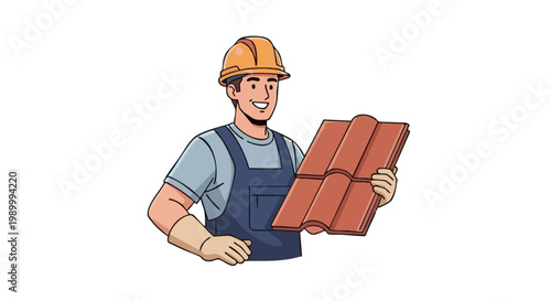 Smiling male builder with hard hat and roof tiles isolated illustration