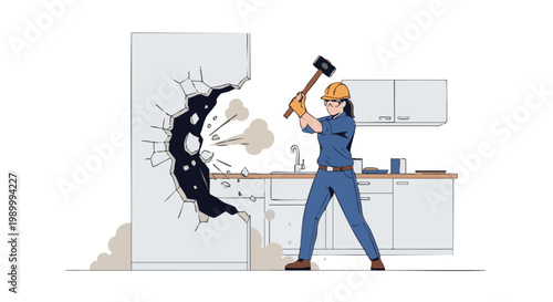 Woman with sledgehammer demolishing kitchen wall. Female worker in hard hat doing home renovation. Vector illustration