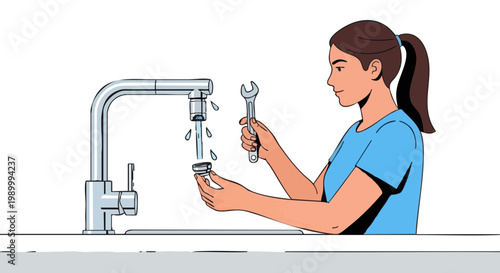 Woman replacing faucet aerator with wrench in kitchen