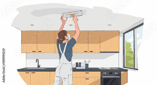 Female worker in overalls applying plaster to ceiling in modern kitchen