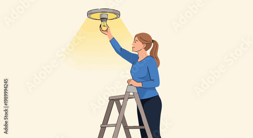 Woman standing on stepladder replacing lightbulb in ceiling fixture. Vector illustration of home maintenance
