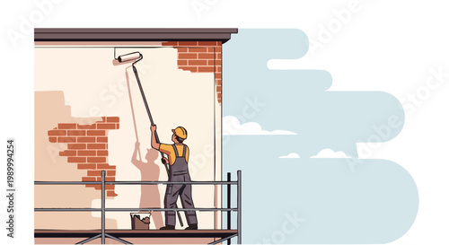 Construction worker painting building facade with primer. Man on scaffolding renovating exterior wall with paint roller