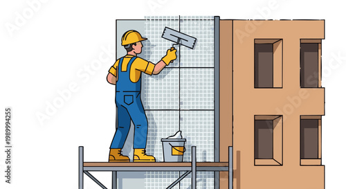 Construction worker plastering insulation mesh on building facade