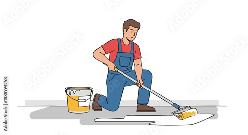 Worker in overalls applying floor primer with paint roller illustration