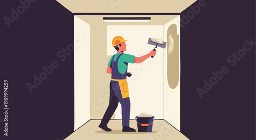 Builder applying plaster on wall with trowel in hallway. Home renovation concept