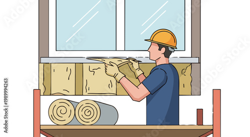 Construction worker installing thermal insulation material in wall under window