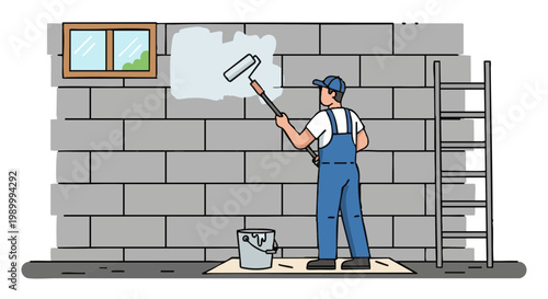 Worker painting basement cinder block wall with paint roller