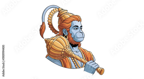 An illustration depicts Hanuman Jayanti with a vector design of the Hindu god Hanuman, holding a golden gada, in a close-up shot against a clean white background with blue skin