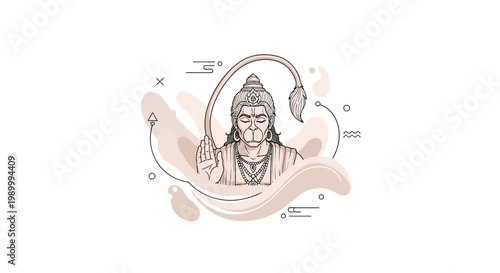 Monochrome illustration of Hanuman in a minimalist design, his iconic gada forming a gentle arc above him, presented in a vector format with soft, neutral tones against a clean white