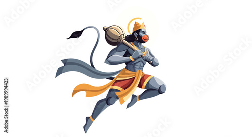 Stylized vector illustration for Hanuman Jayanti featuring the Hindu deity Hanuman in dynamic action, holding a mace with a flowing tail, presented in a design with bright colors