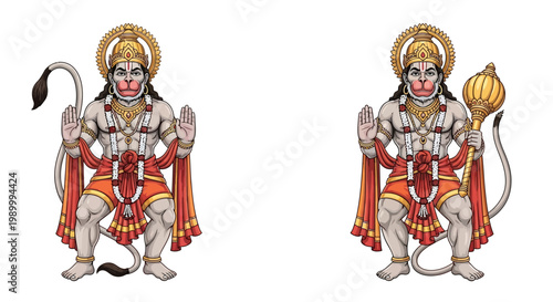 An illustration shows Hanuman Jayanti with a vector design of the Hindu god Hanuman in two variations against a white background, one holding a mace and the other with hands raised