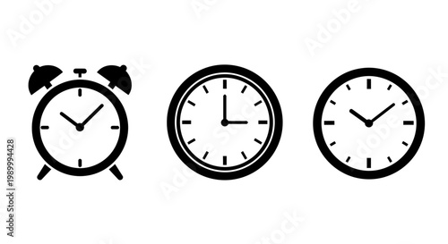 Three Analog Alarm Clocks in a Row Show Distinct Time Displays and Symmetrical Design.