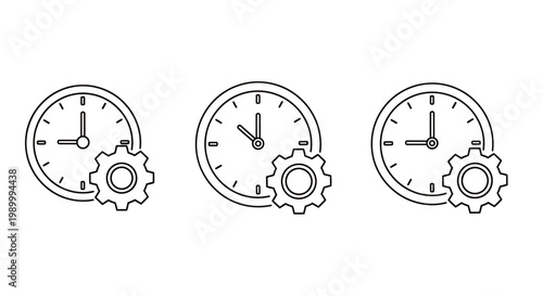 Set of three clock icons with gear mechanisms depicting time management and settings for interface design.