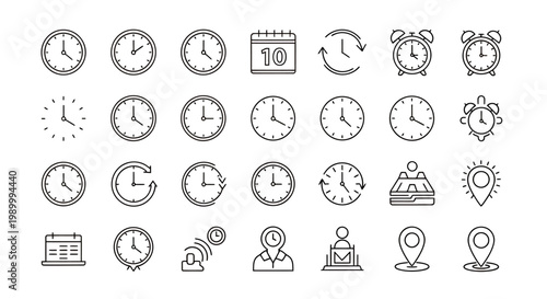 Collection of monochrome clock icons in various positions and styles for design projects.