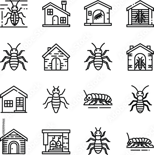 Black and white line of insects and houses line black and white pests