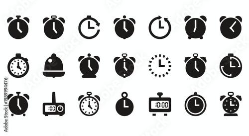 Collection of black and white circular clock icons and alarms in a minimal vector style for UI design and graphic resources.