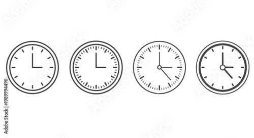 Four Analog Clocks Displaying Different Times in a Row for Concept of Time and Diversity.