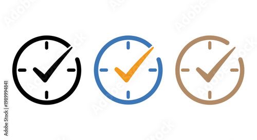 Three Analog Clock Icons in Black Blue and Beige for Time Concept Design.