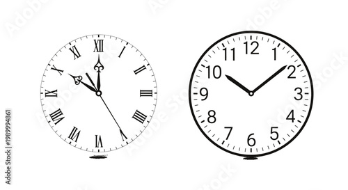 Two Wall Clocks Showing Different Times Side by Side on a White Wall.