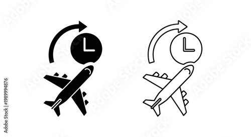 Two Flight and Clock Icons Representing Travel, Time, and Journey.