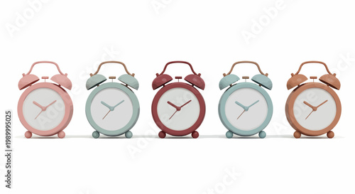 Five colorful vintage alarm clocks arranged in a neat row with pastel finishes and shiny dials for a playful decorative still life.