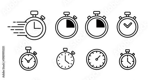 Set of eight minimalist stopwatch and timer icons in black and white vector design for clocks and time graphics.