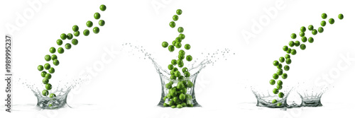 Schilderij op canvas Green Peas with Water Splash PNG, Fresh Organic Legume Clipart Illustration, Hea