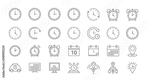 Collection of timekeeping icons featuring clocks, alarms, timers and watches for design use.