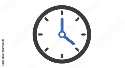 Minimal round clock icon with blue hands showing time, black outline and simple design.