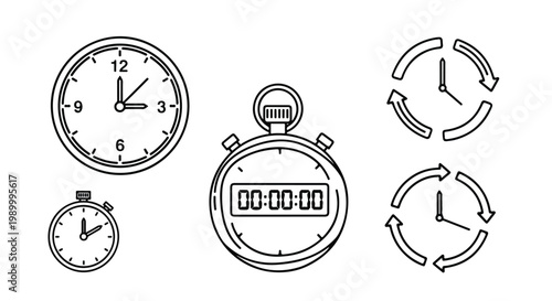 Collection of stopwatch, analog clocks, and circular time icons for business and productivity concepts