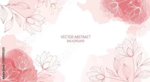 Elegant abstract floral background with soft pink watercolor flowers and delicate line drawings for design and decoration